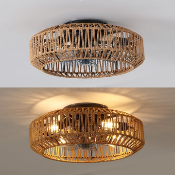 Rowan 19.5" 4-Light Modern Bohemian 6-Speed Metal/Rattan Mobile-App/Remote-Controlled Lantern LED Ceiling Fan - JONATHAN Y